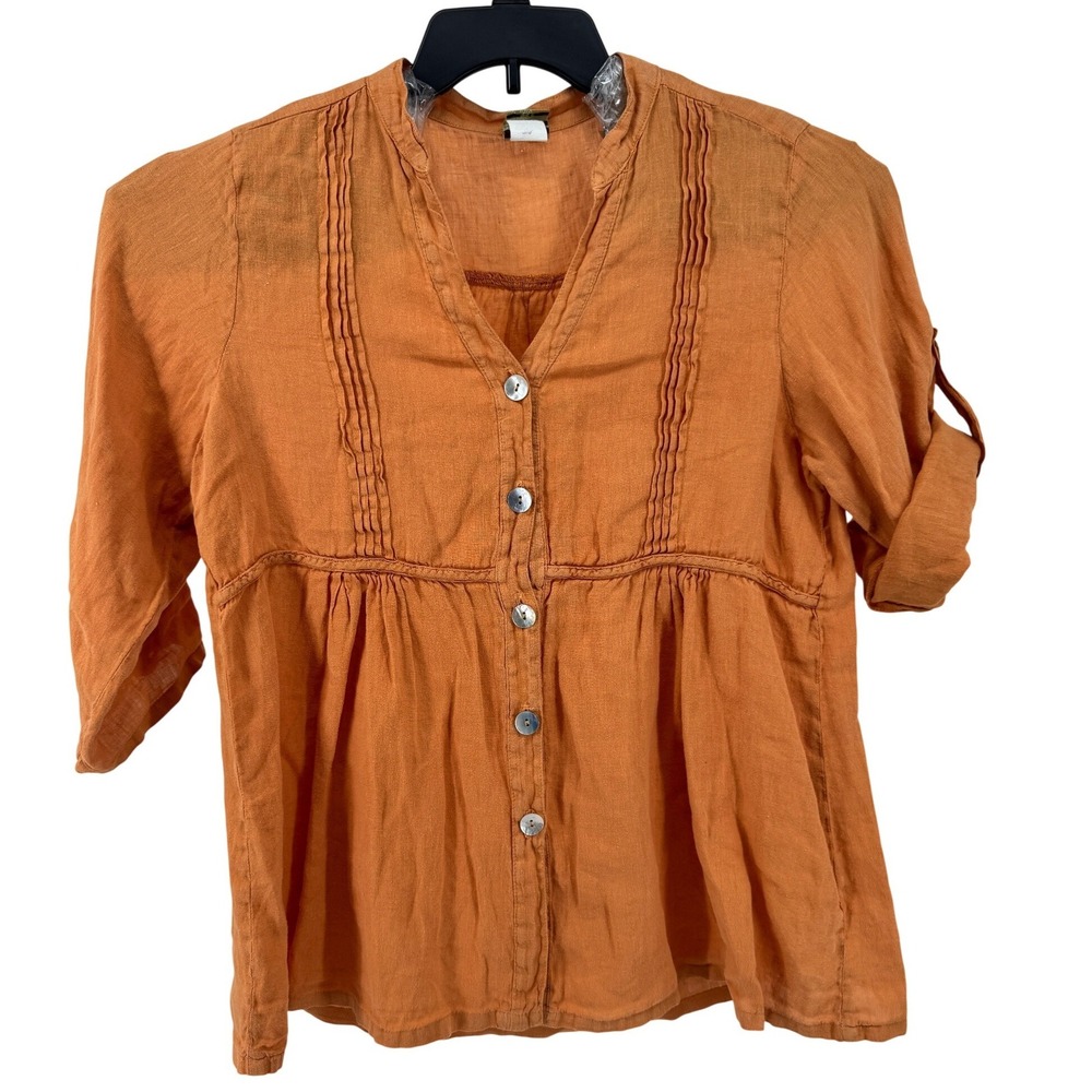 Match Point Pintuck Tunic Top Medium 100% Linen  Burnt Orange Boho Tab Sleeve‎